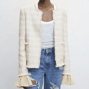 NWT Mango tweed jacket with ruffle sleeves--CHIC!